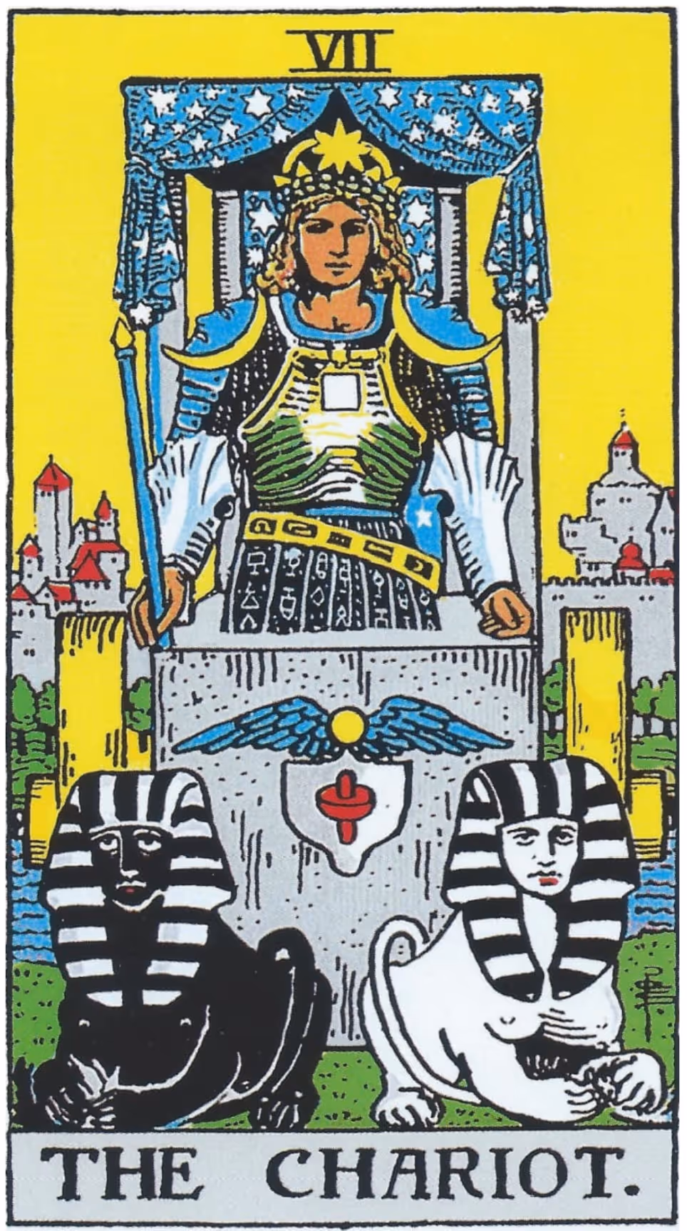 The Chariot tarot card, Rider deck: a stern looking man adorned in beautiful armor.