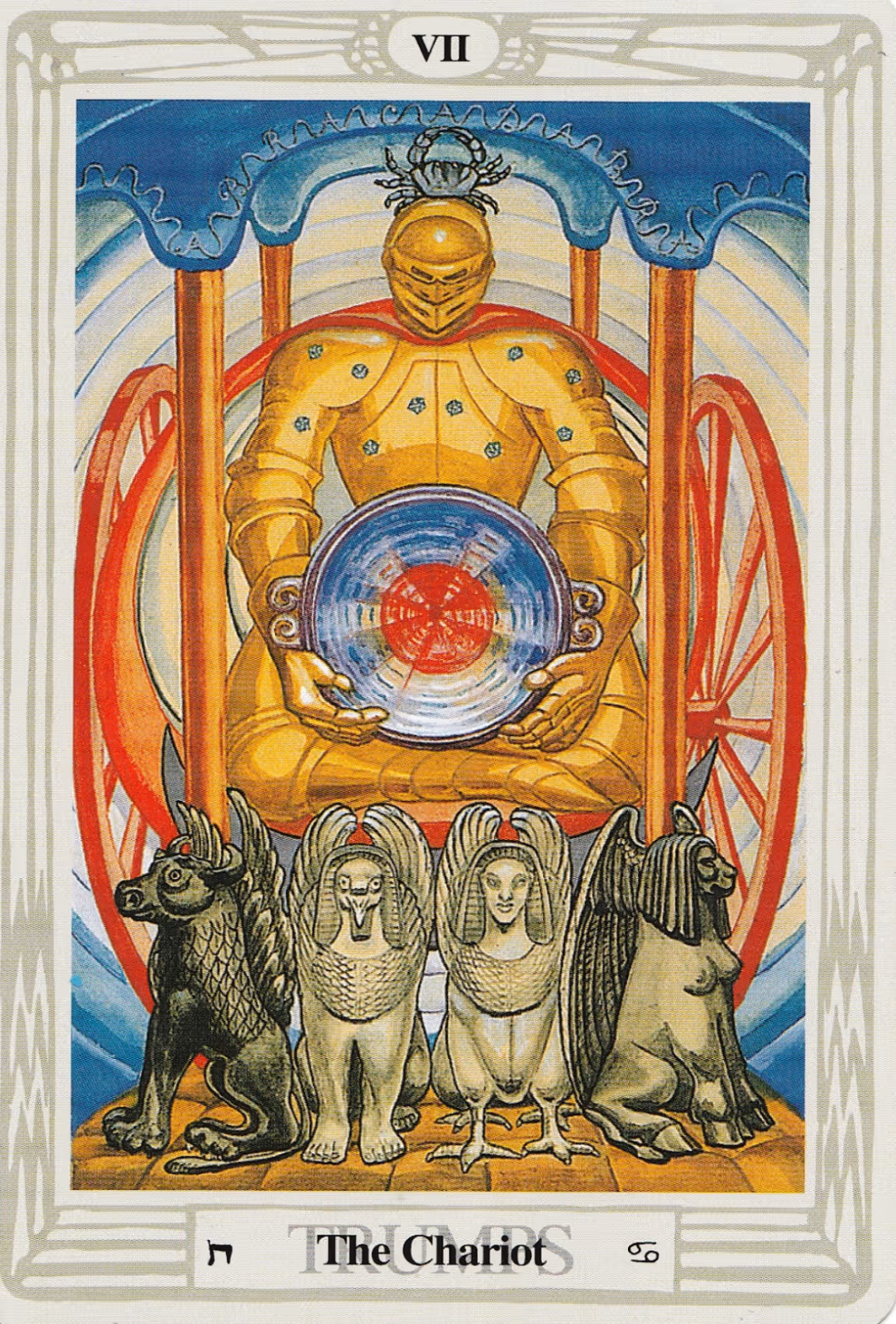 The Chariot tarot card, Thoth deck: a traditional knight in amber armor seated in Lotus position.
