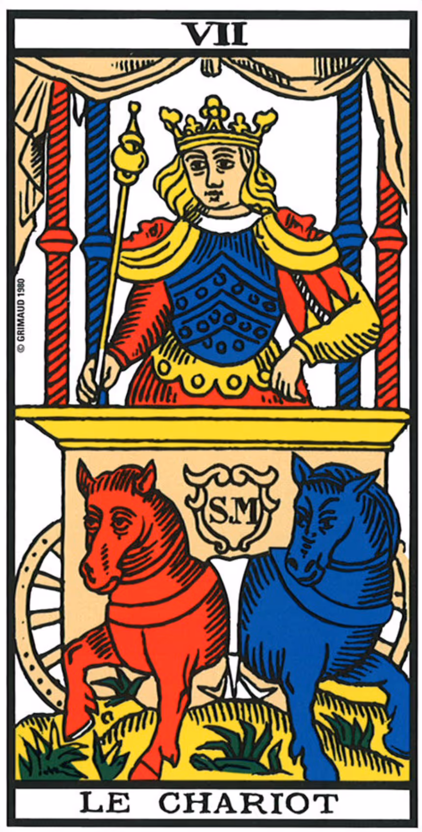 The Chariot tarot card, Thoth deck: a traditional knight in amber armor seated in Lotus position.