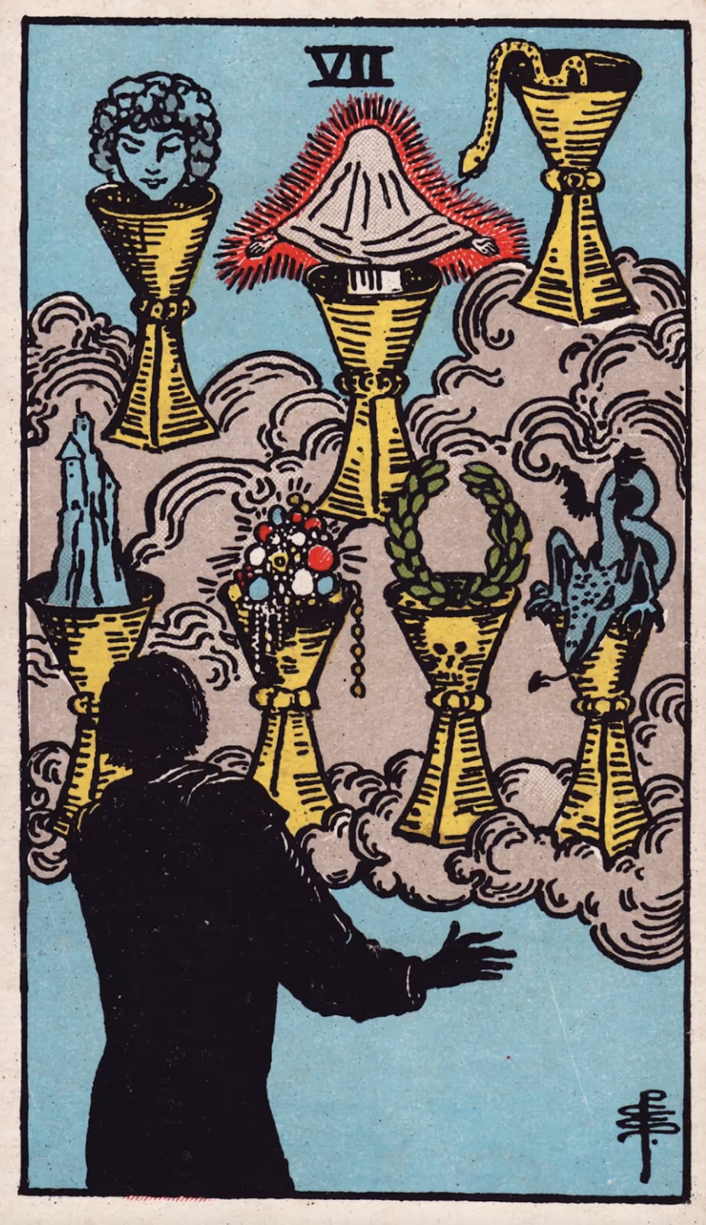 The Seven of Cups tarot card from the Rider deck