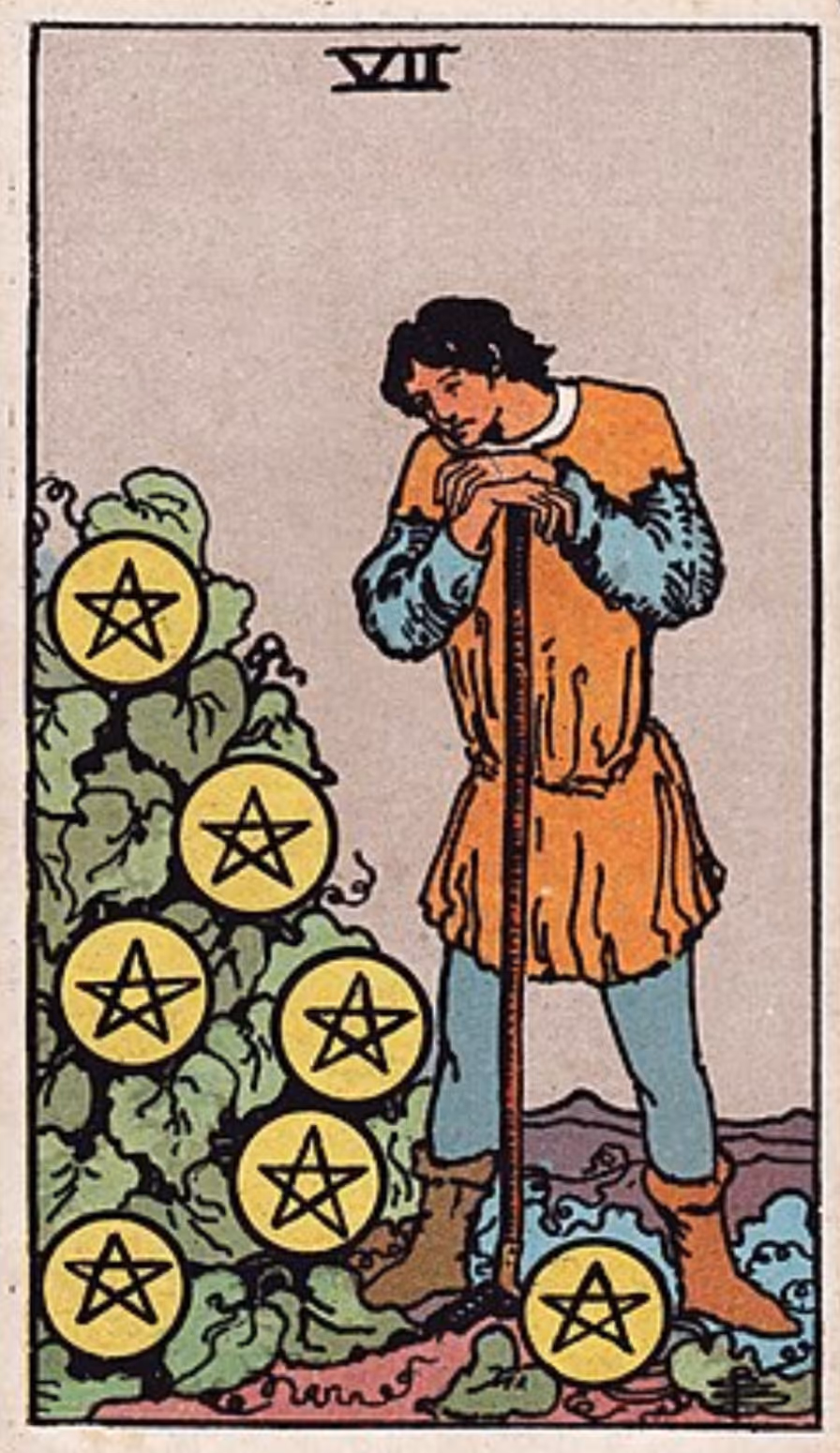 The Seven of Disks tarot card from the Rider deck