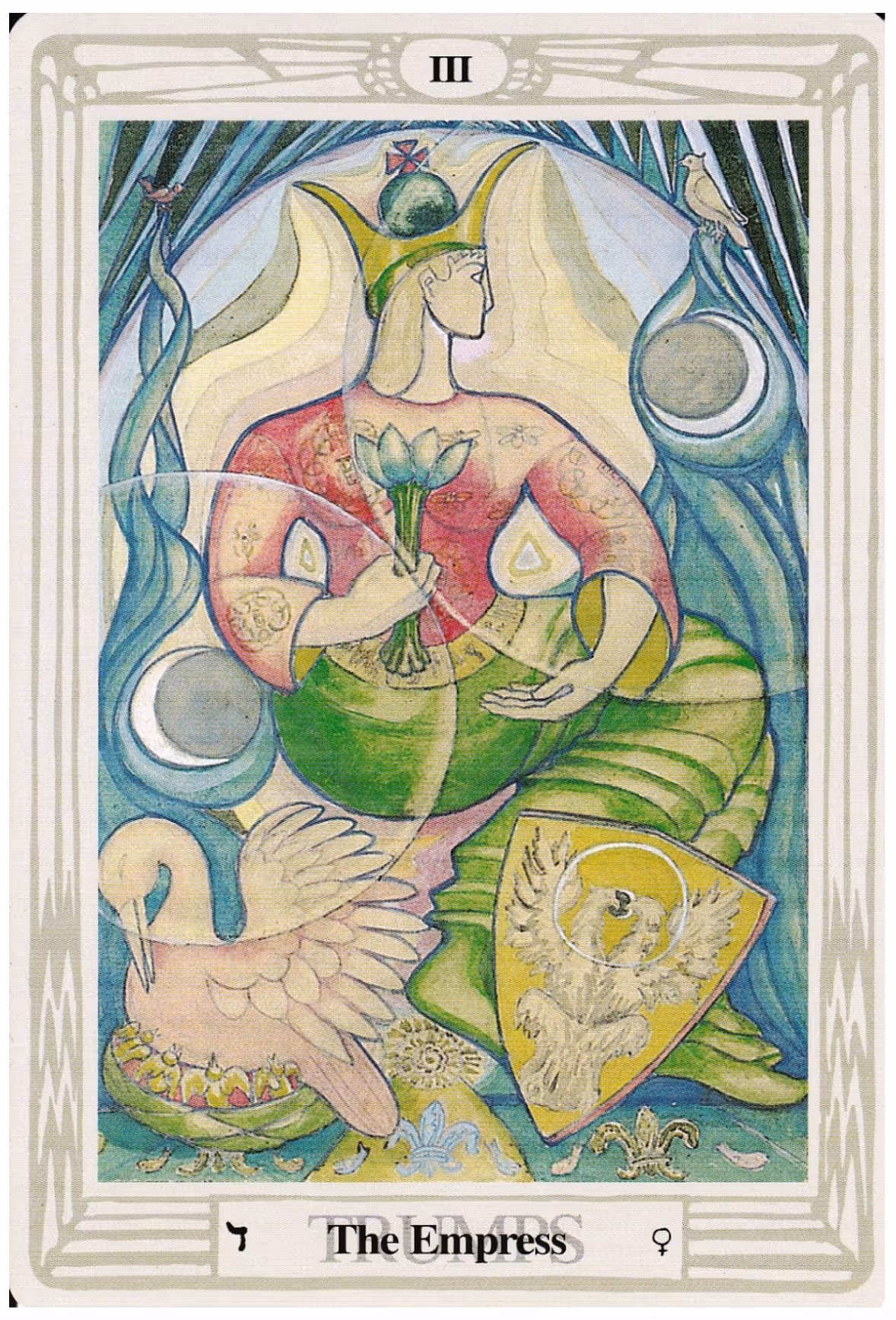 The Empress tarot card, Thoth deck: the Empress in a pink blouse adorned with bees and flowers.