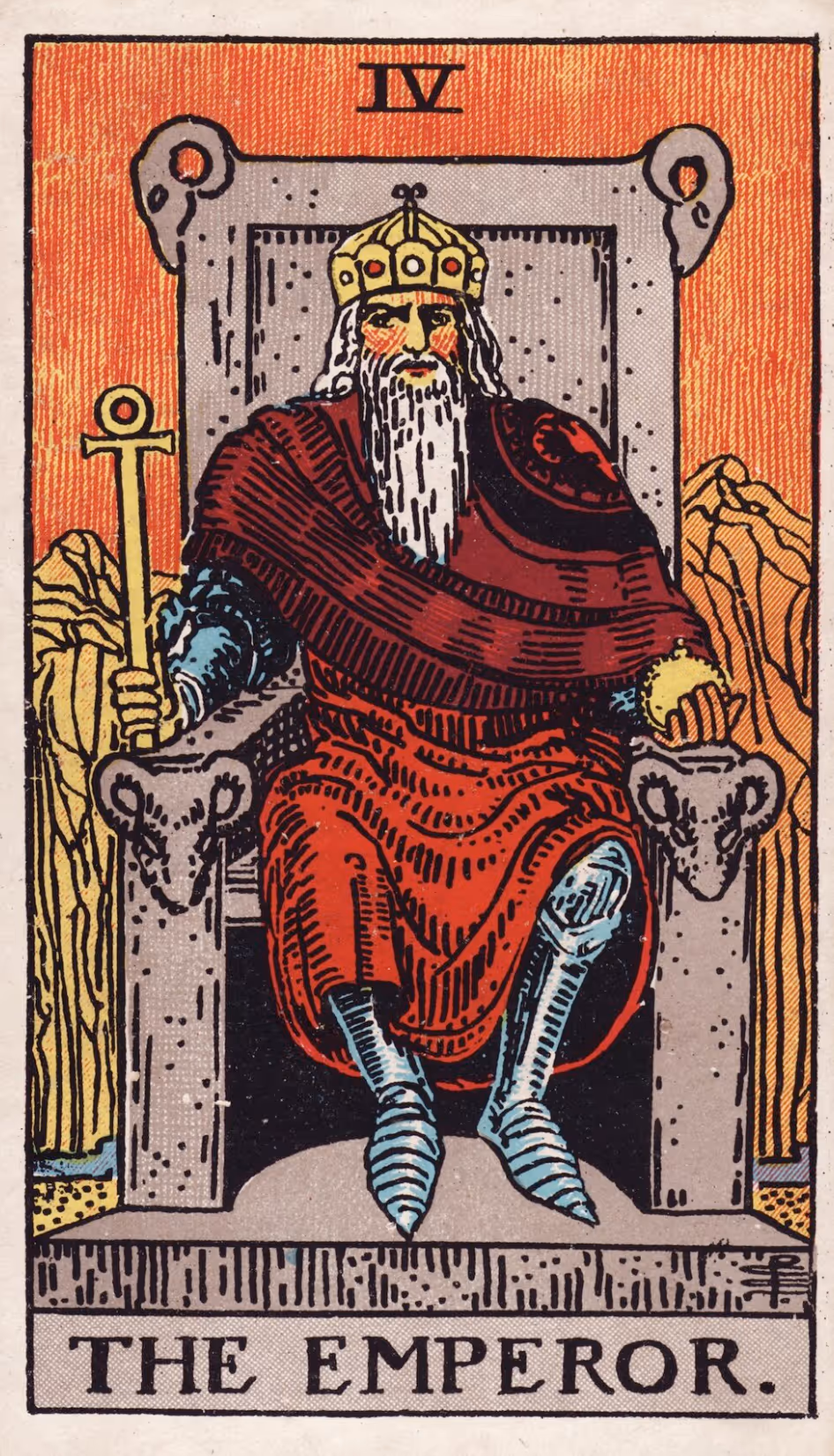 The Emperor tarot card, Rider deck: an aged Emperor with a long white beard and a deep red cloak covering his armor.
