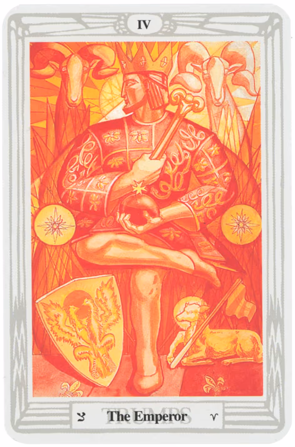 The Emperor tarot card, Thoth deck: the Emperor depicted entirely with a fiery palette.
