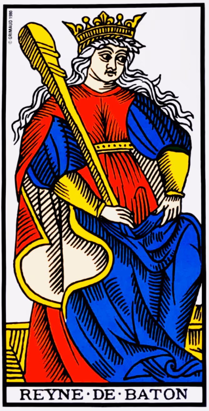 The Queen of Wands tarot card, Rider deck: the Queen on a throne adorned with lions.