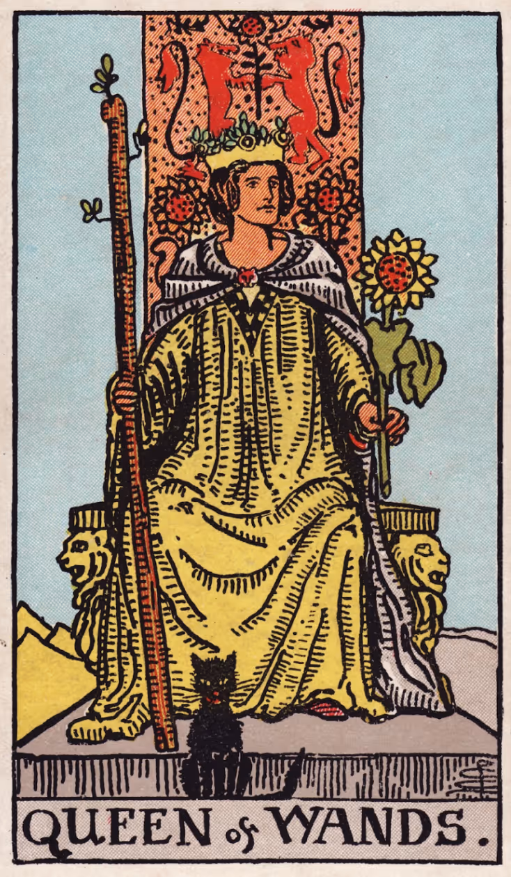 The Queen of Wands tarot card, Rider deck: the Queen on a throne adorned with lions.