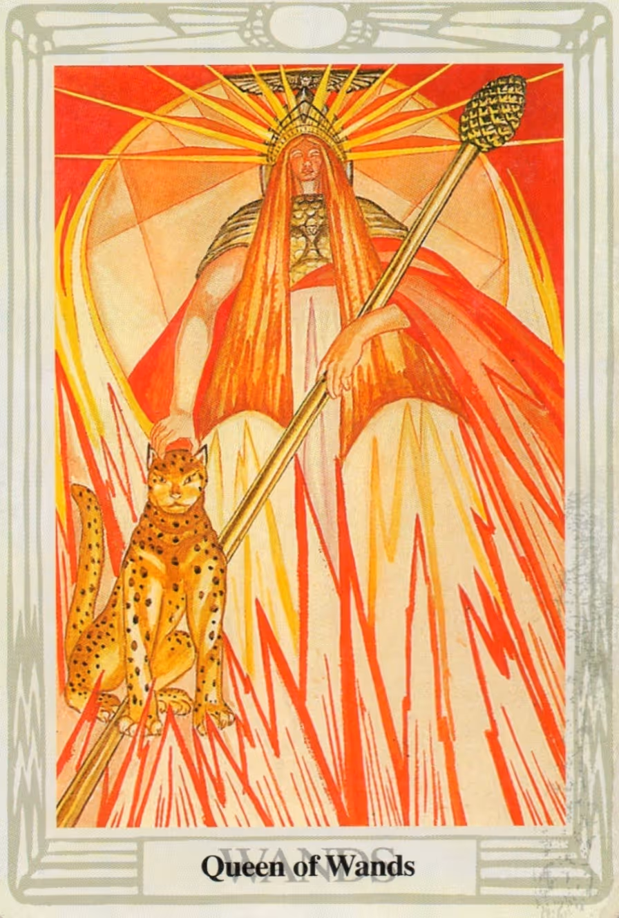The Queen of Wands tarot card, Rider deck: the Queen on a throne adorned with lions.