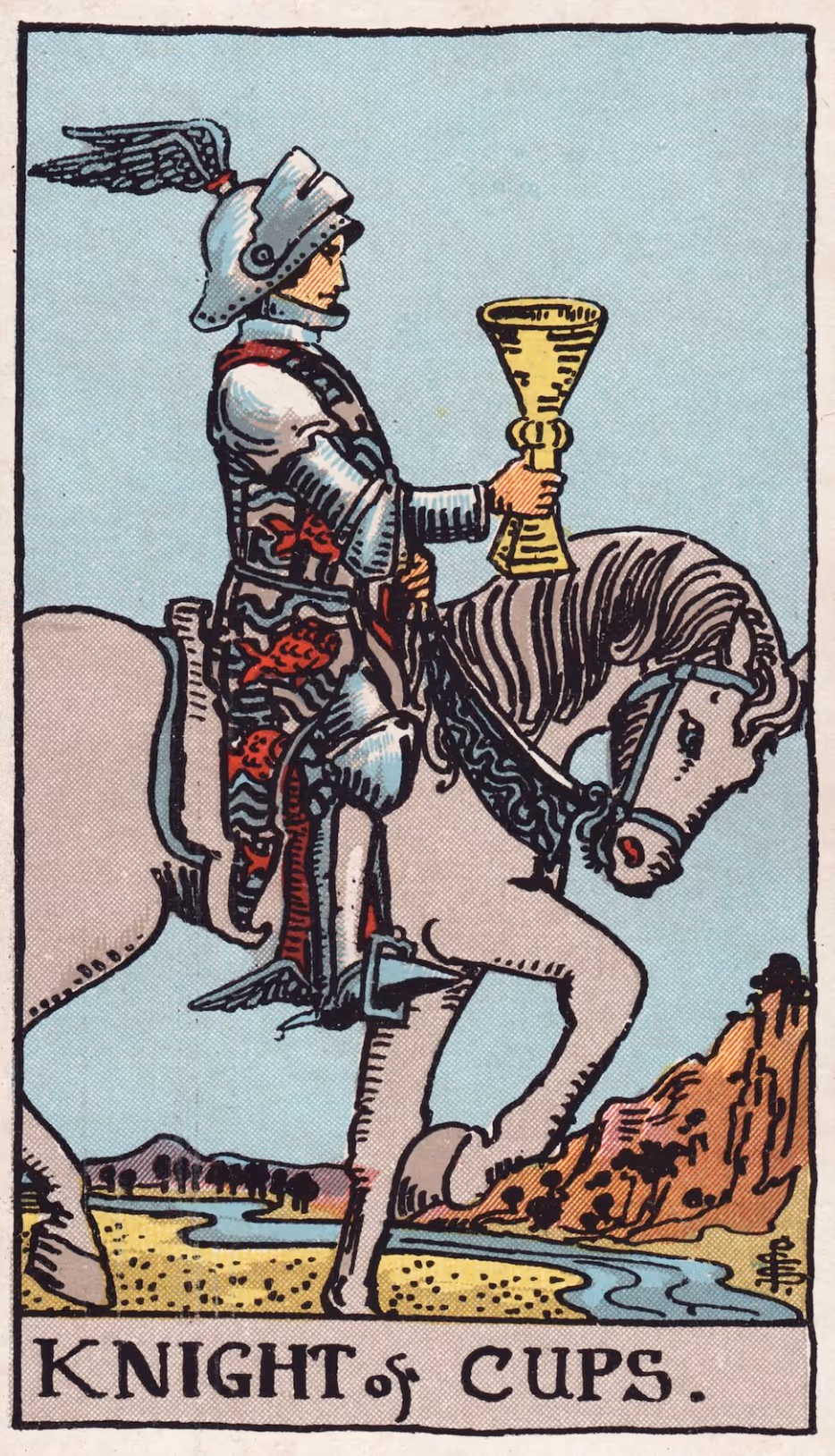 The Knight of Cups tarot card, Rider deck: a much more determined figure, bearing a stern demeanor and firm grasp of his cup.