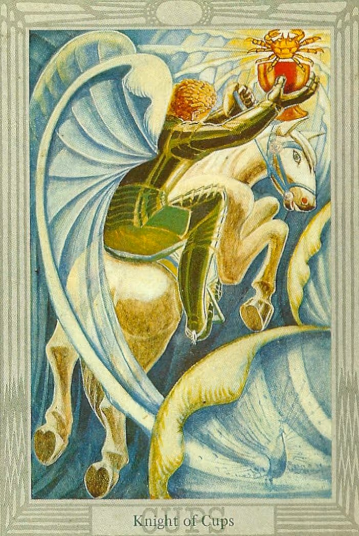 The Knight of Cups tarot card, Rider deck: a much more determined figure, bearing a stern demeanor and firm grasp of his cup.