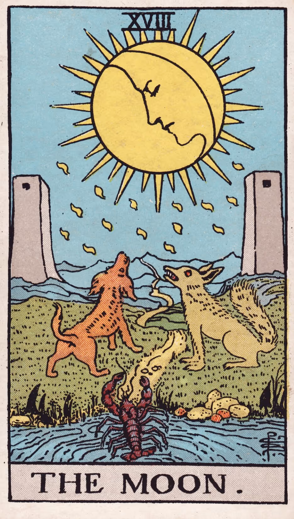 The Moon tarot card from the Rider deck
