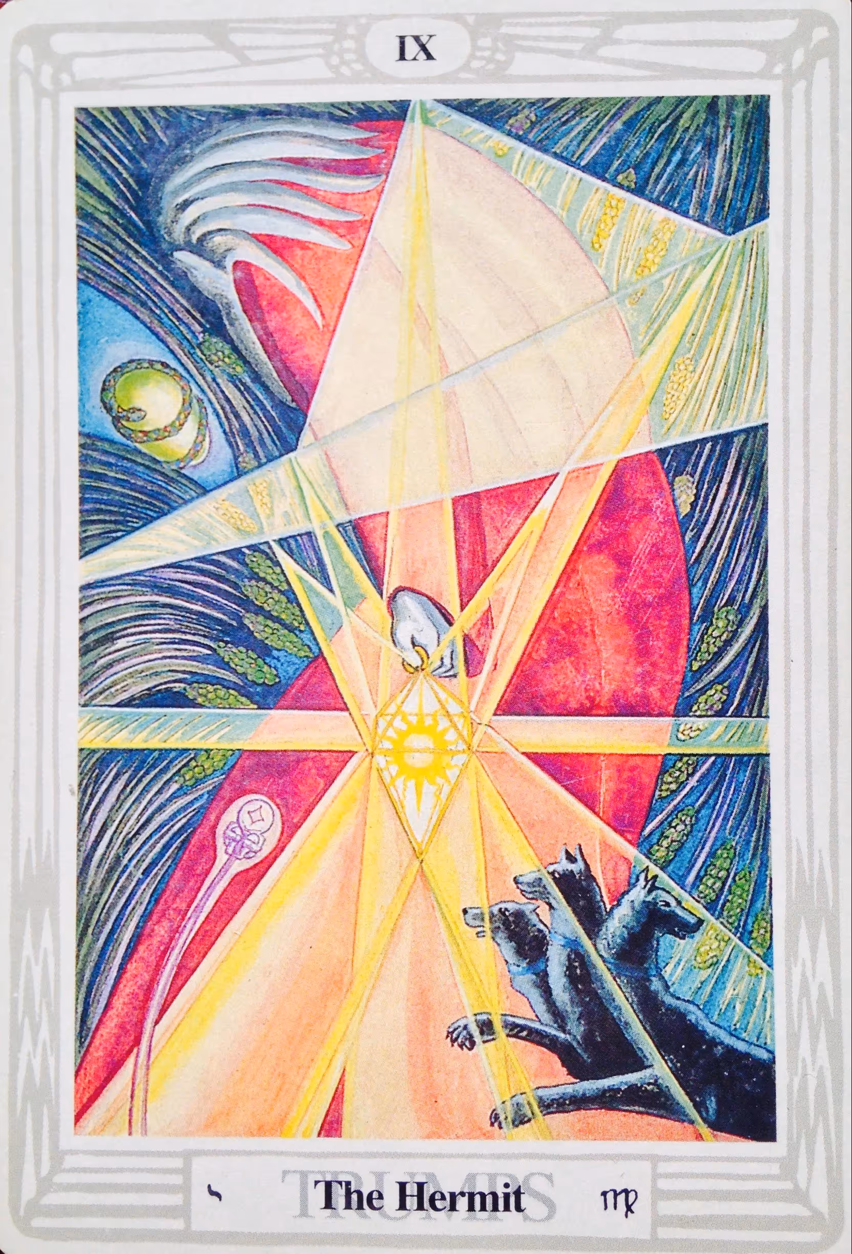 The Hermit tarot card, Rider deck: a cloaked old man looking down, also donning a big gray beard.