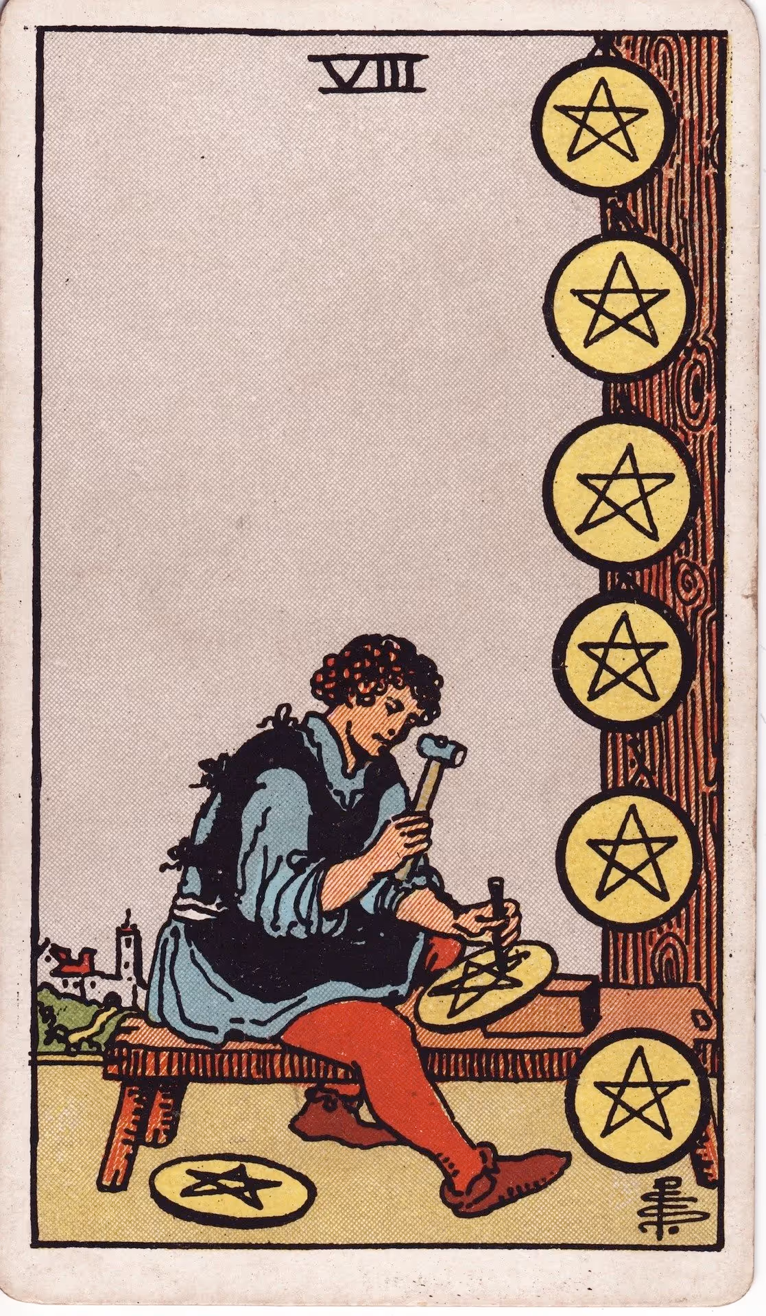 Eight of Disks tarot card from the Rider deck