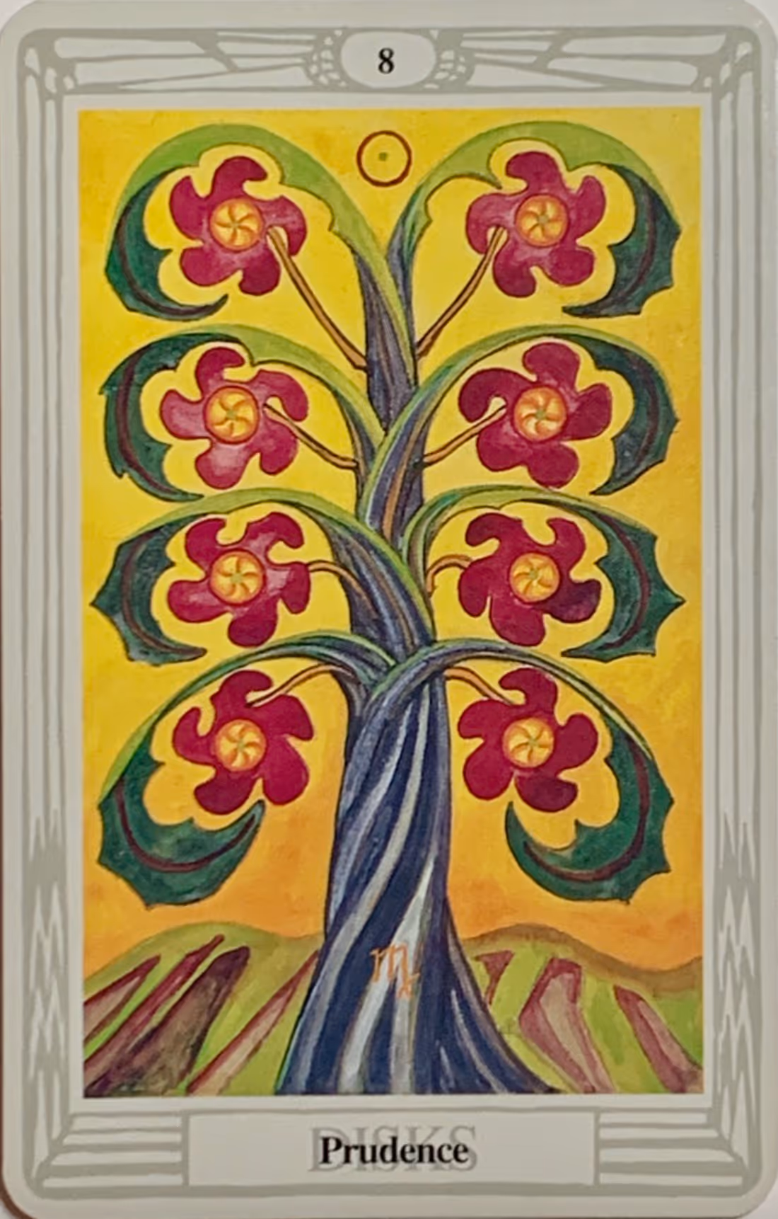 Eight of Disks tarot card from the Rider deck