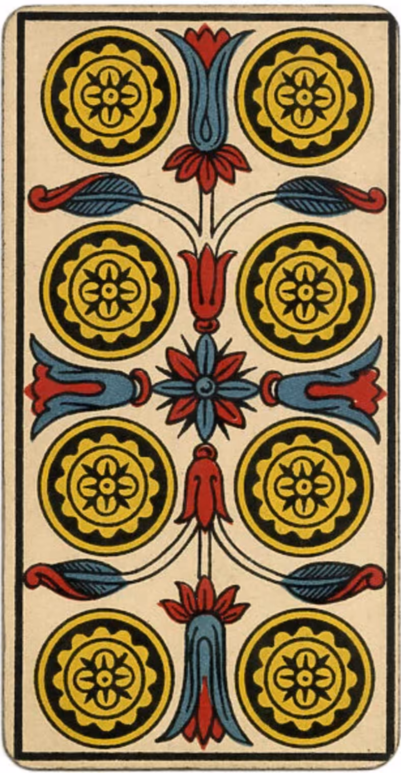 Eight of Disks tarot card from the Thoth deck