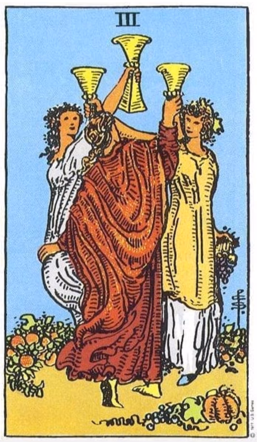 The Three of Cups tarot card from the Rider deck