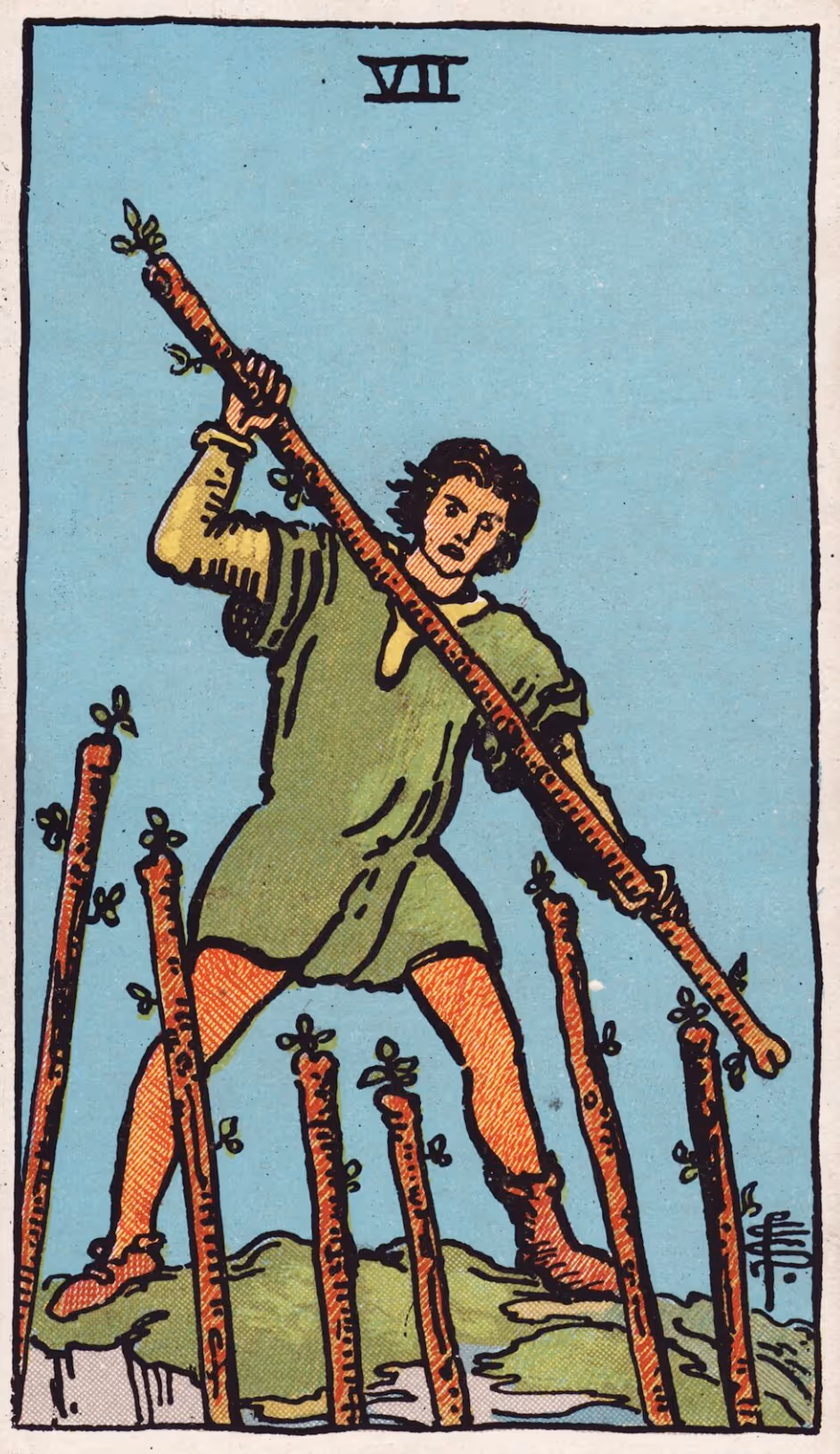 The Seven of Wands tarot card, Rider deck: a young man in a green tunic battling off 6 wands wielded by unseen enemies beneath him.