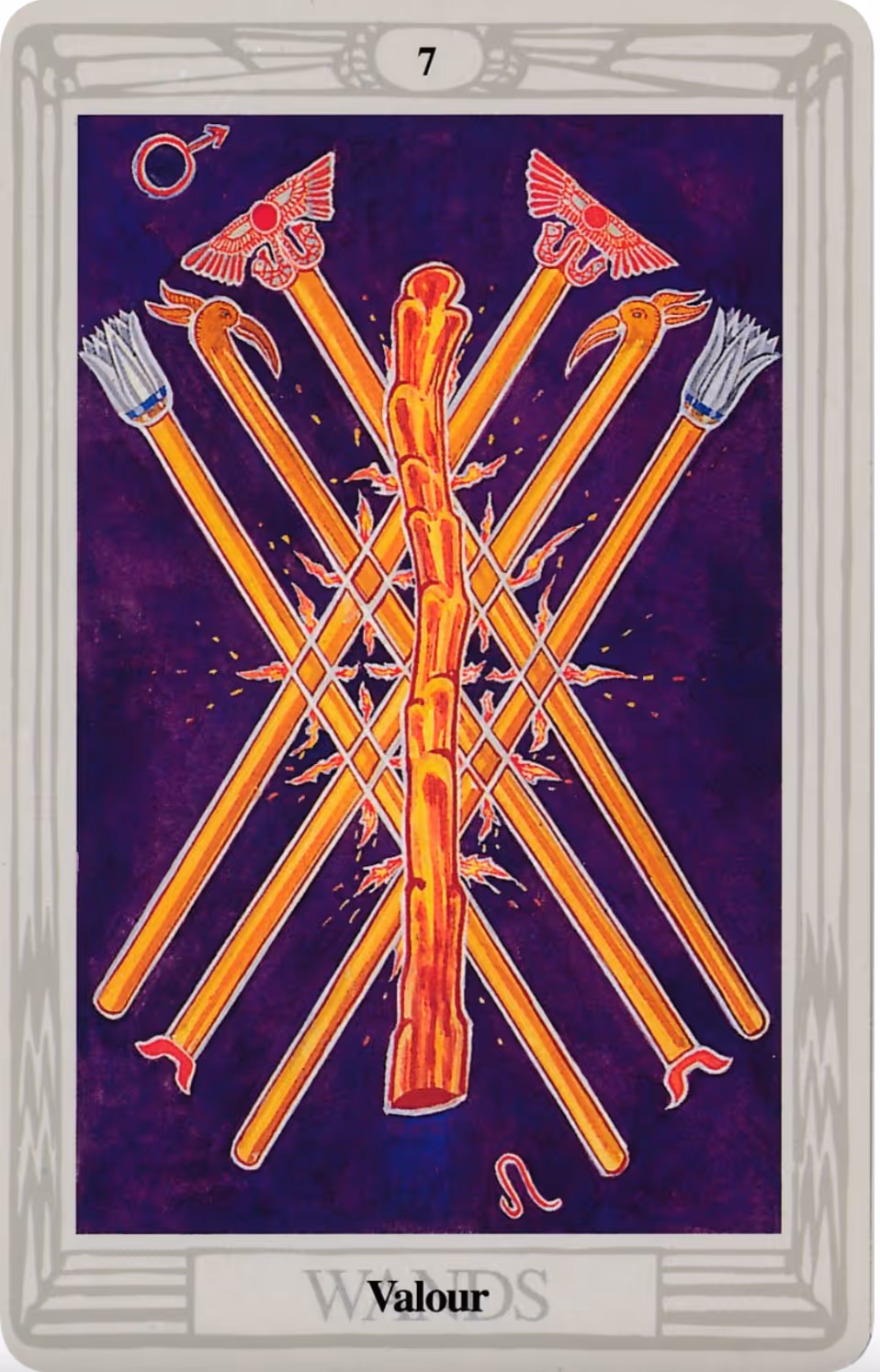 The Seven of Wands tarot card, Rider deck: a young man in a green tunic battling off 6 wands wielded by unseen enemies beneath him.