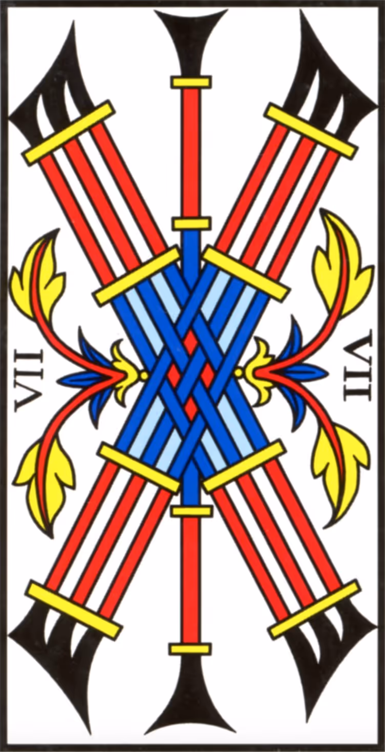 The Seven of Wands tarot card, Thoth deck: 6 fine ritual wands crushed by a simple club.
