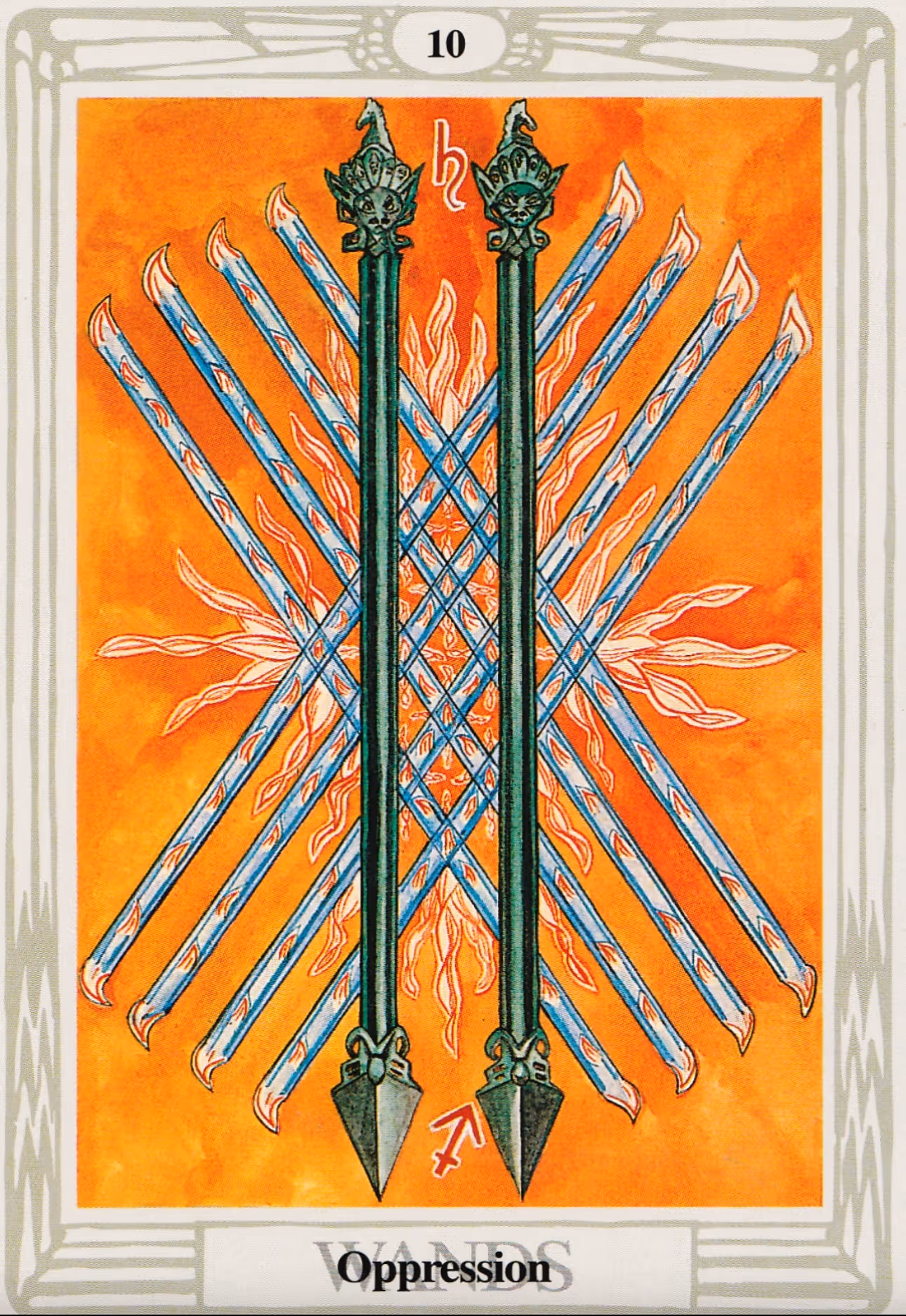Ten of Wands tarot card, Rider deck: a man bearing ten large wands, he is bending under the weight of his heavy load.