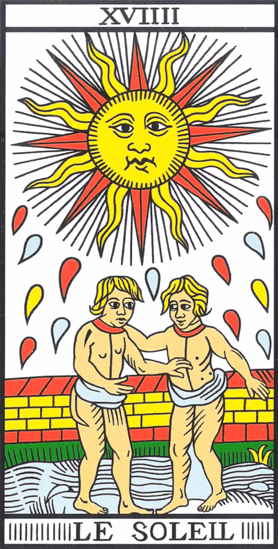 The Sun tarot card, Thoth deck: two butterfly winged cherubs rejoicing in front of a green hill, encircled by a wall.