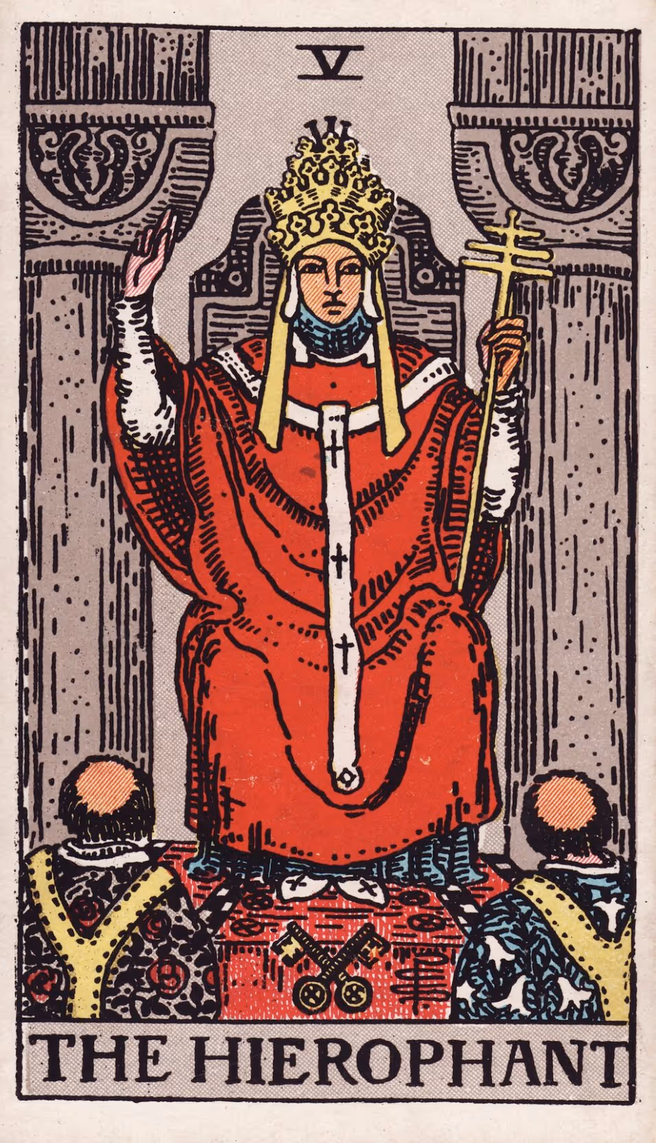 The Hierophant tarot card, Rider deck: a young pope with a false beard sitting on a throne.