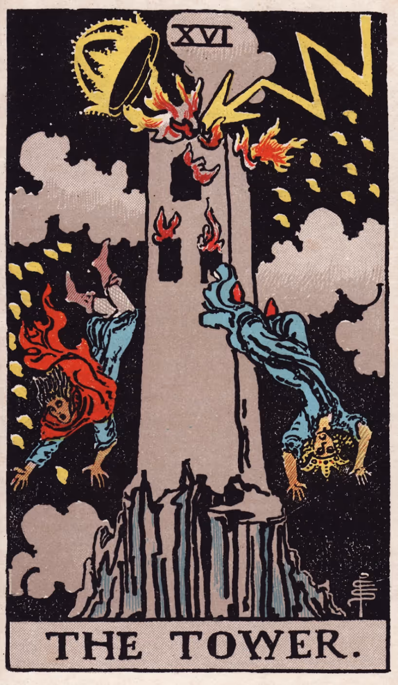 The Tower tarot card from the Rider deck