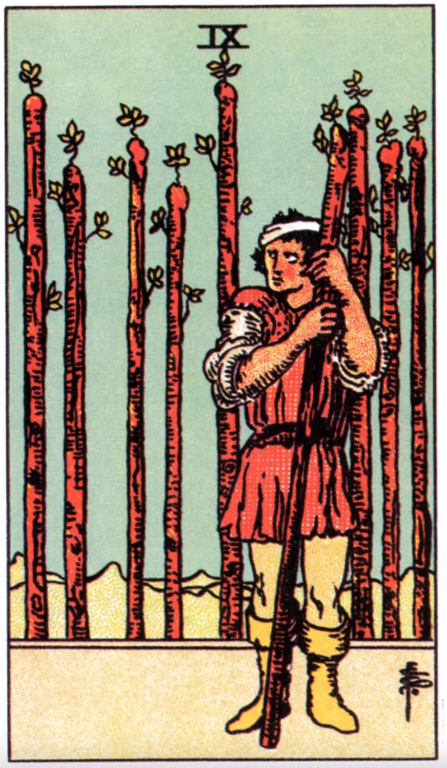 The Nine of Wands tarot card, Rider deck: a bandaged and raggedy man, standing with the help of one of the nine wands.
