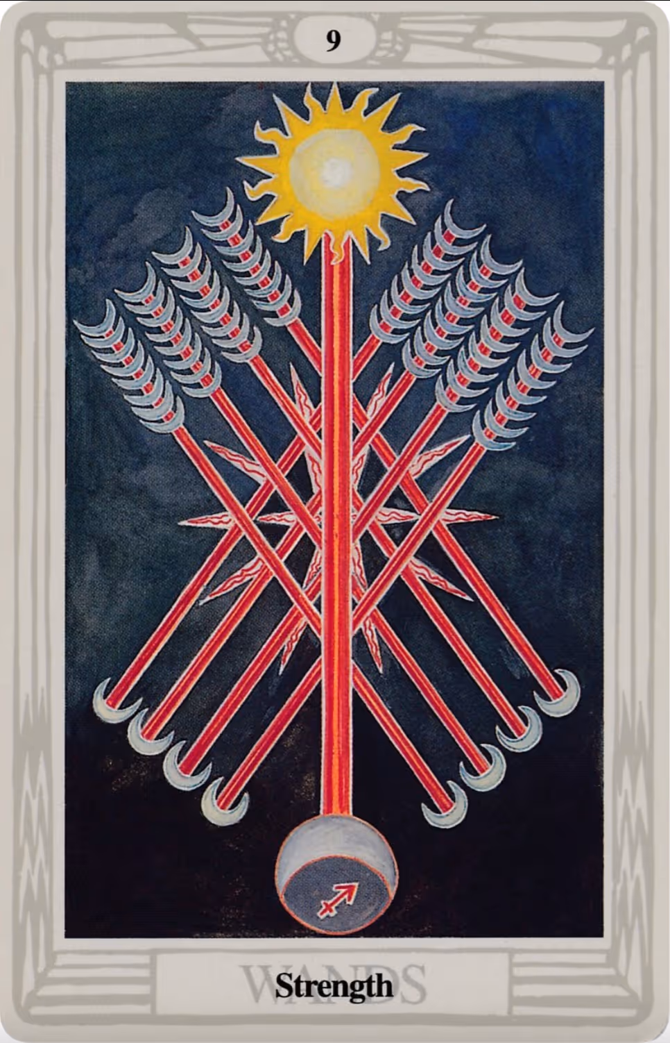 The Nine of Wands tarot card, Thoth deck: the 9 wands as arrows.