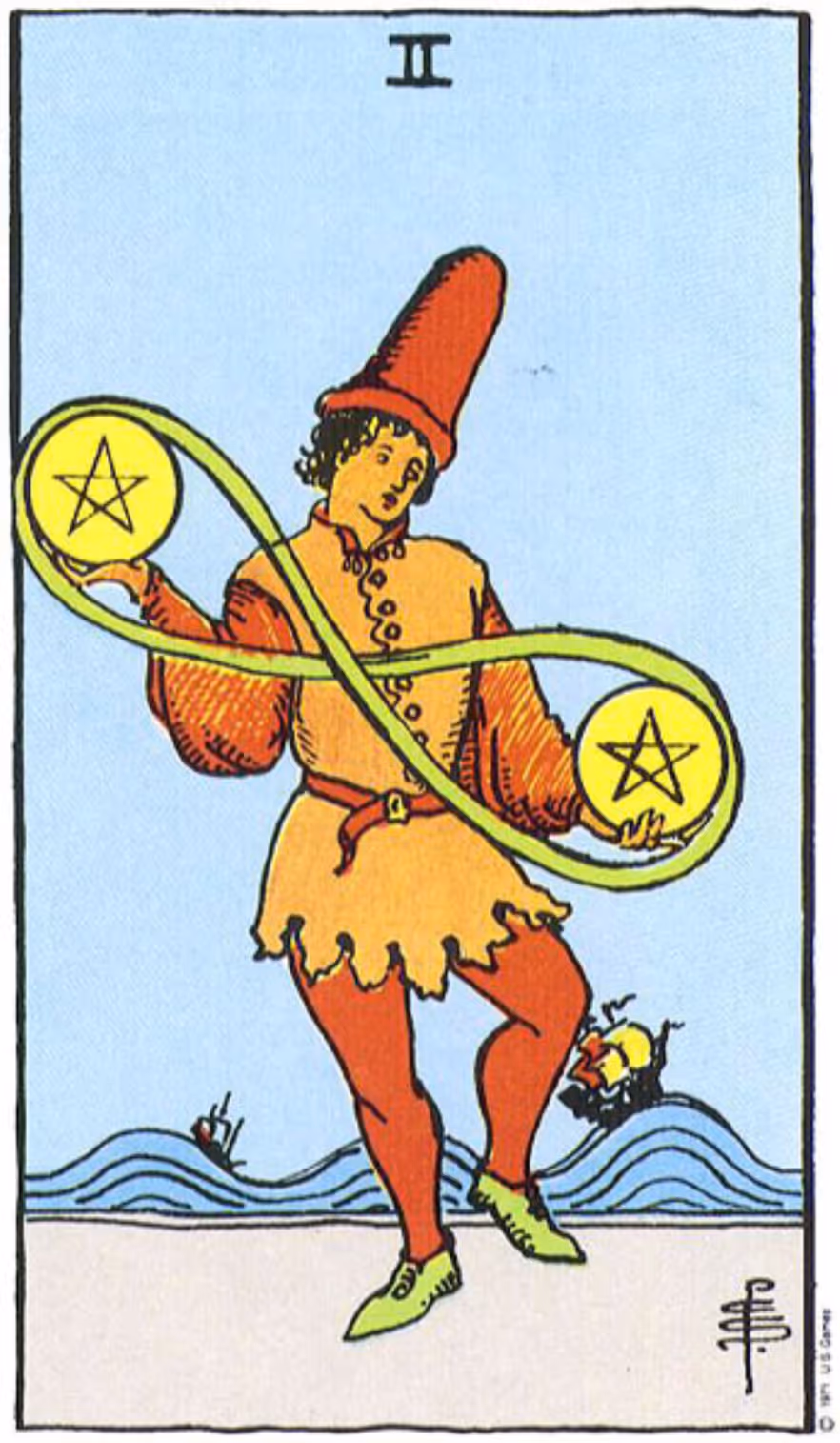 Two of Disks tarot card, Rider deck: a young jester juggling two pentacles around which a loop forms a symbol of infinity.