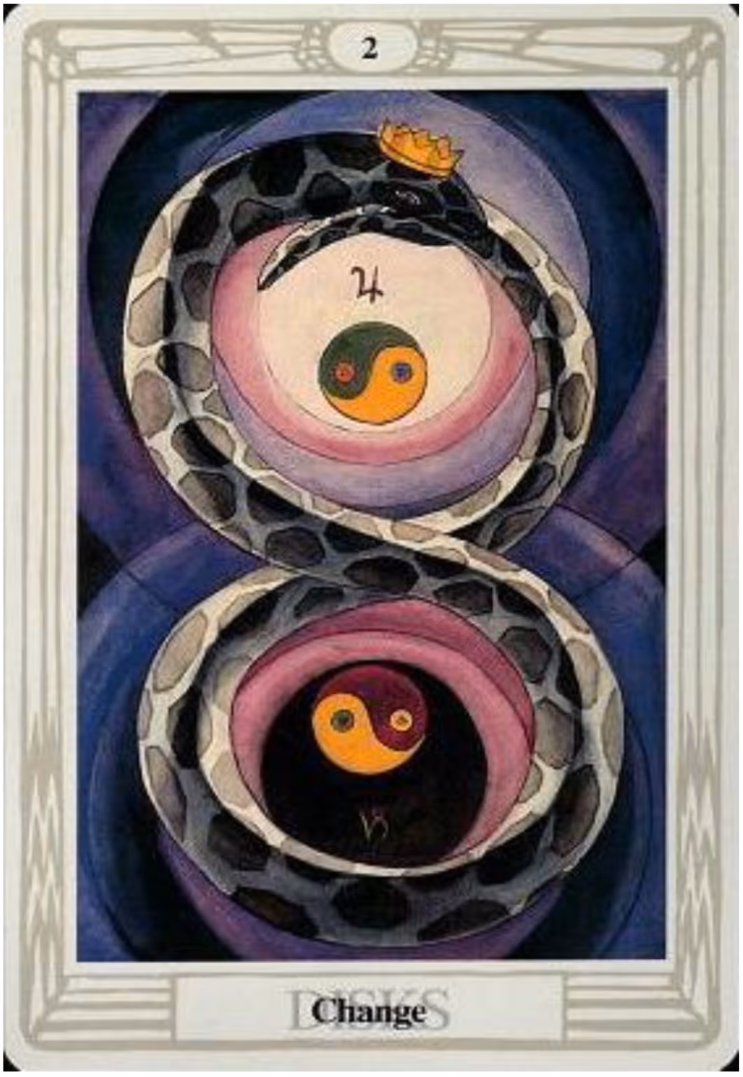 Two of Disks tarot card, Rider deck: a young jester juggling two pentacles around which a loop forms a symbol of infinity.