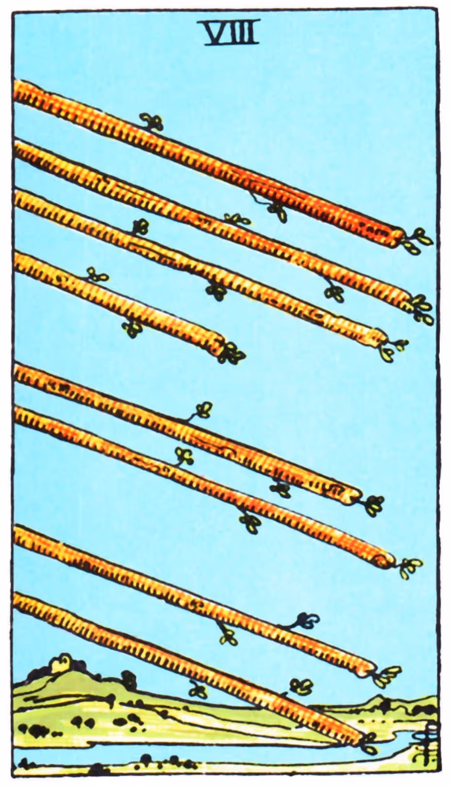 Eight of Wands tarot card from the Rider deck