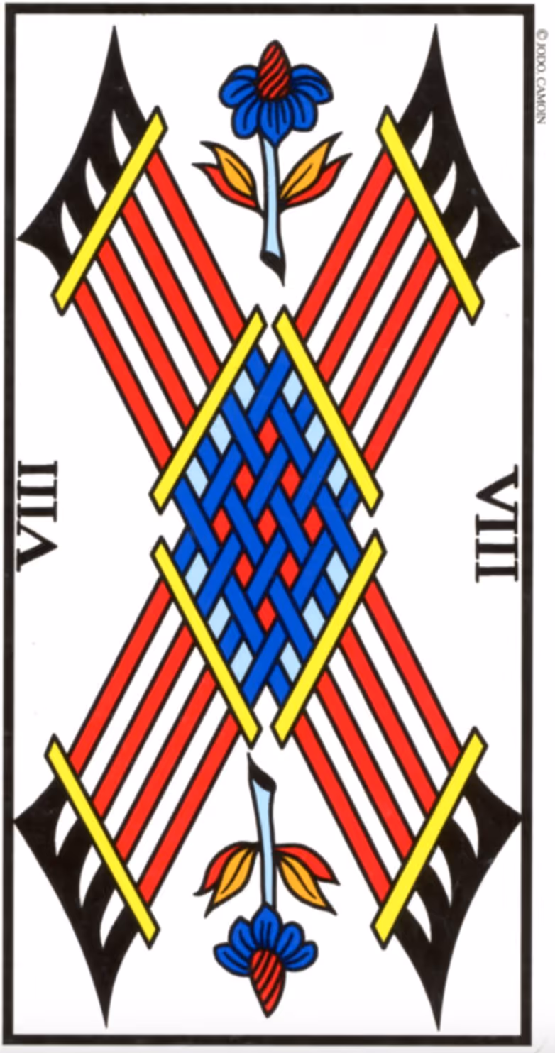 Eight of Wands tarot card from the Marseille deck