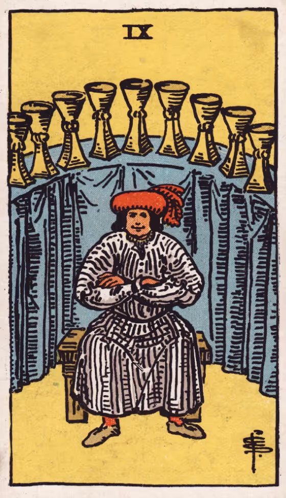 Happiness, the Nine of Cups tarot card from the Rider deck