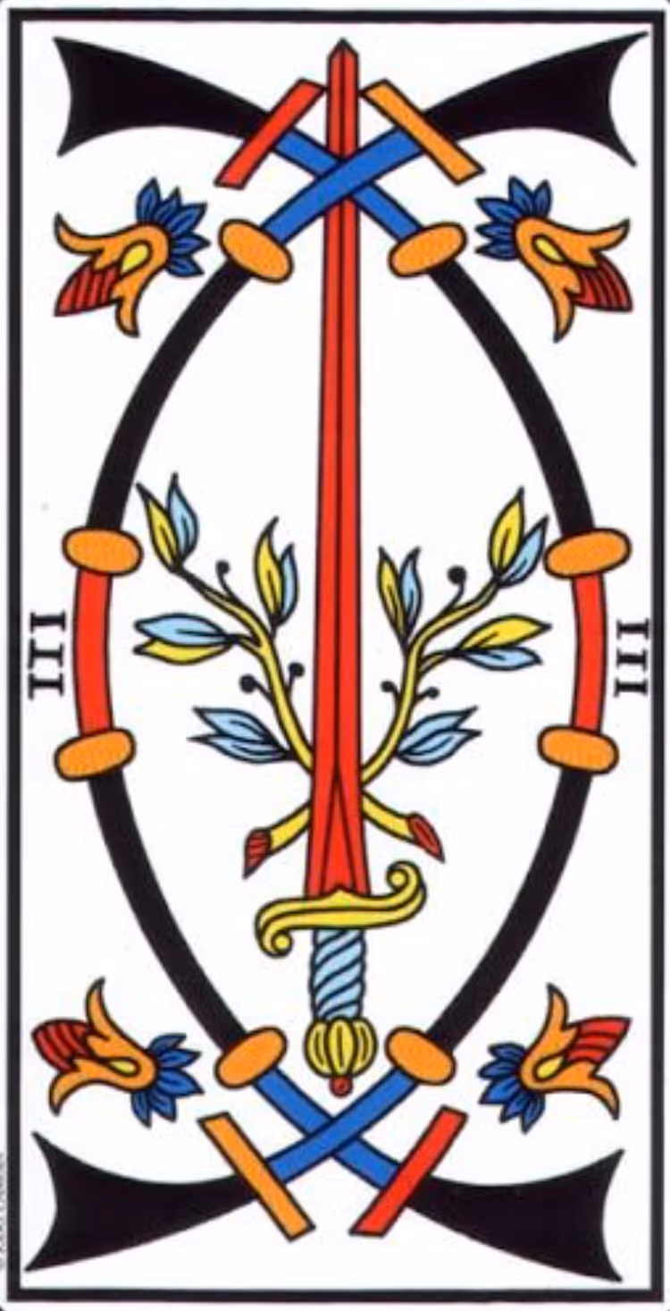 Three of Swords tarot card from the Thoth deck