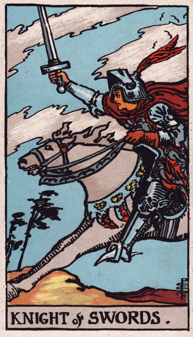 Knight of Swords tarot card from the Rider deck