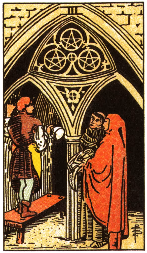 The Three of Disks tarot card from the Rider deck