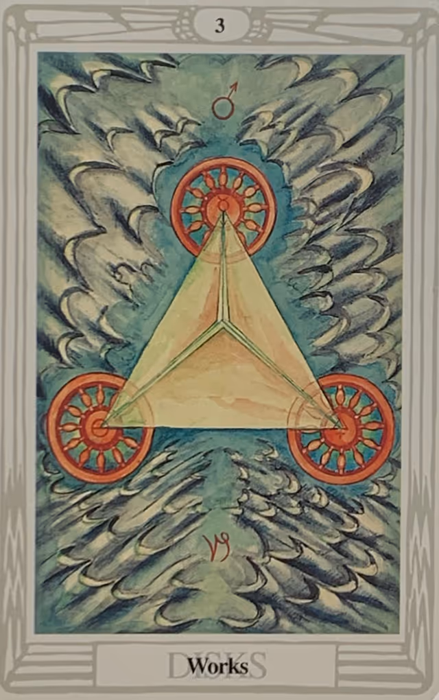 The Three of Disks tarot card from the Thoth deck
