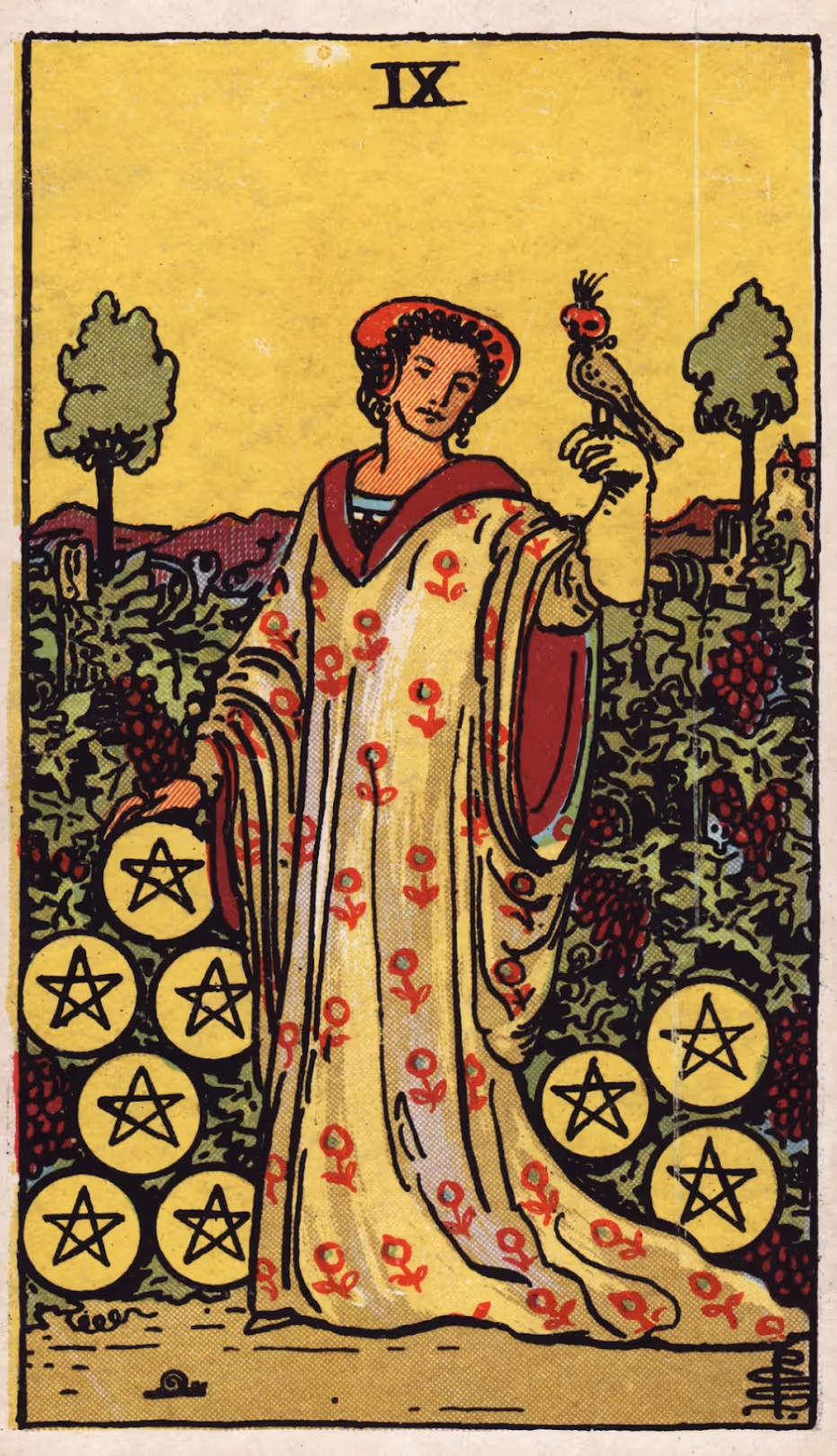 Gain, the Nine of Disks tarot card from the Rider deck