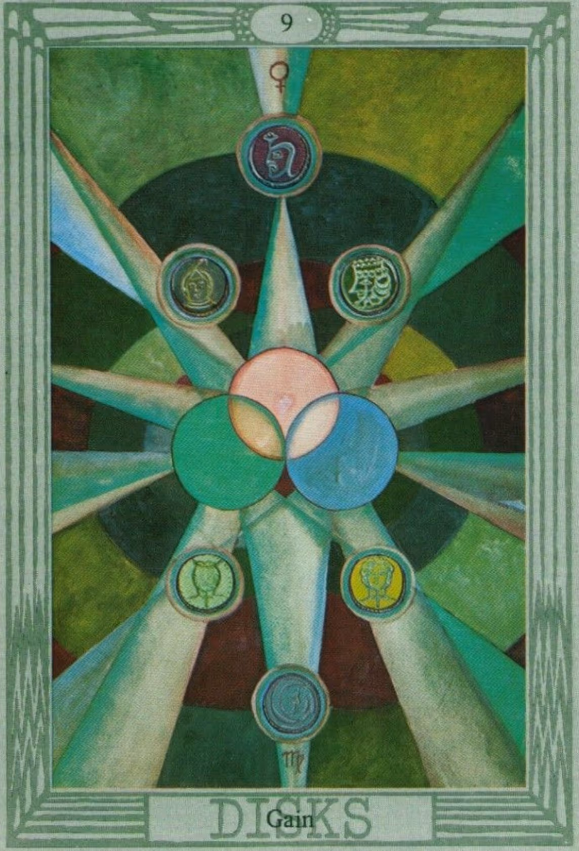 Gain, the Nine of Disks tarot card from the Thoth deck