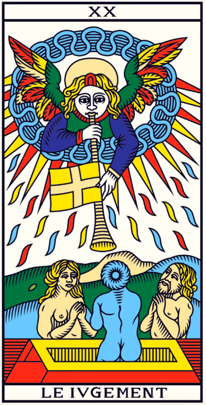 Judgement tarot card from the Marseille deck, depicting a winged angel with a halo blowing a trumpet amid great rays, as figures rise from their graves