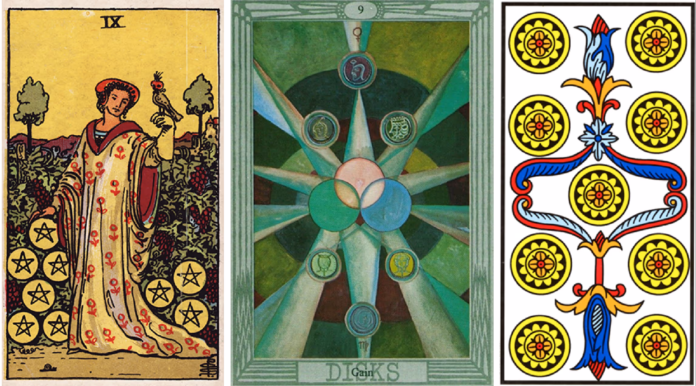 Gain, the Nine of Disks (Tarot Triptych)