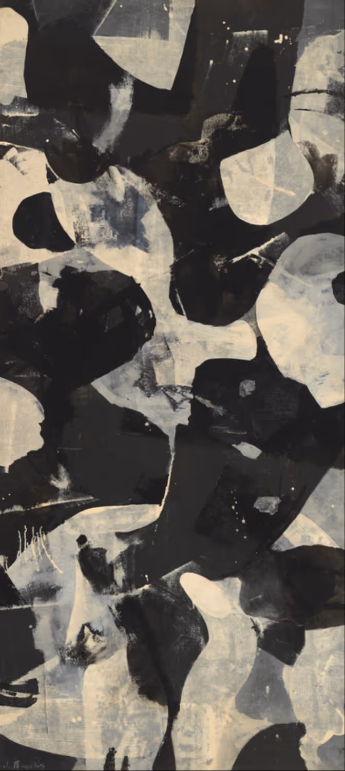 JAMES BROOKS, 1953. OIL ON CANVAS MOUNTED ON COMPOSITION BOARD.