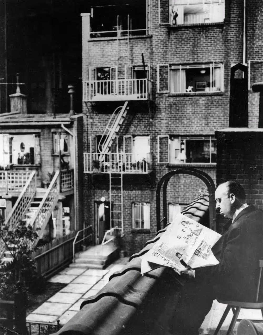 Hitchcock on the set of Rear Window, 1954.
