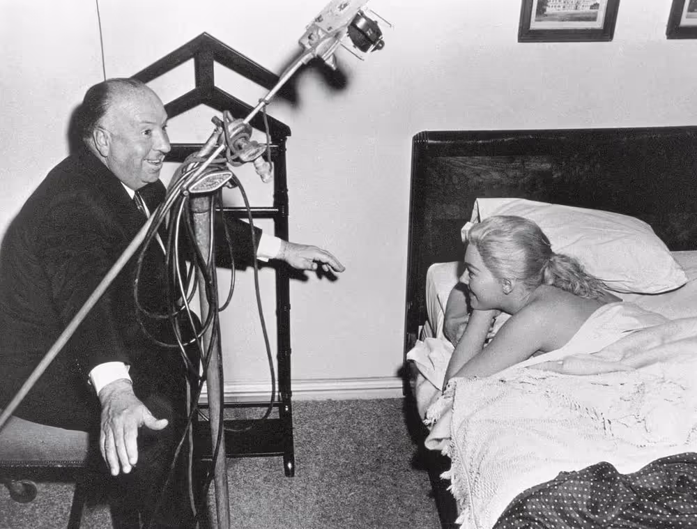 Hitchcock and Kim Novak during the filming of Vertigo, 1958