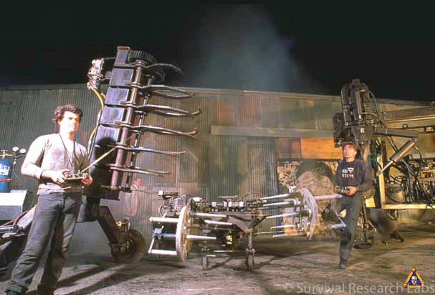 Mark Pauline and Matt Heckert operate the Inchworm, Inspector, and Big Walker