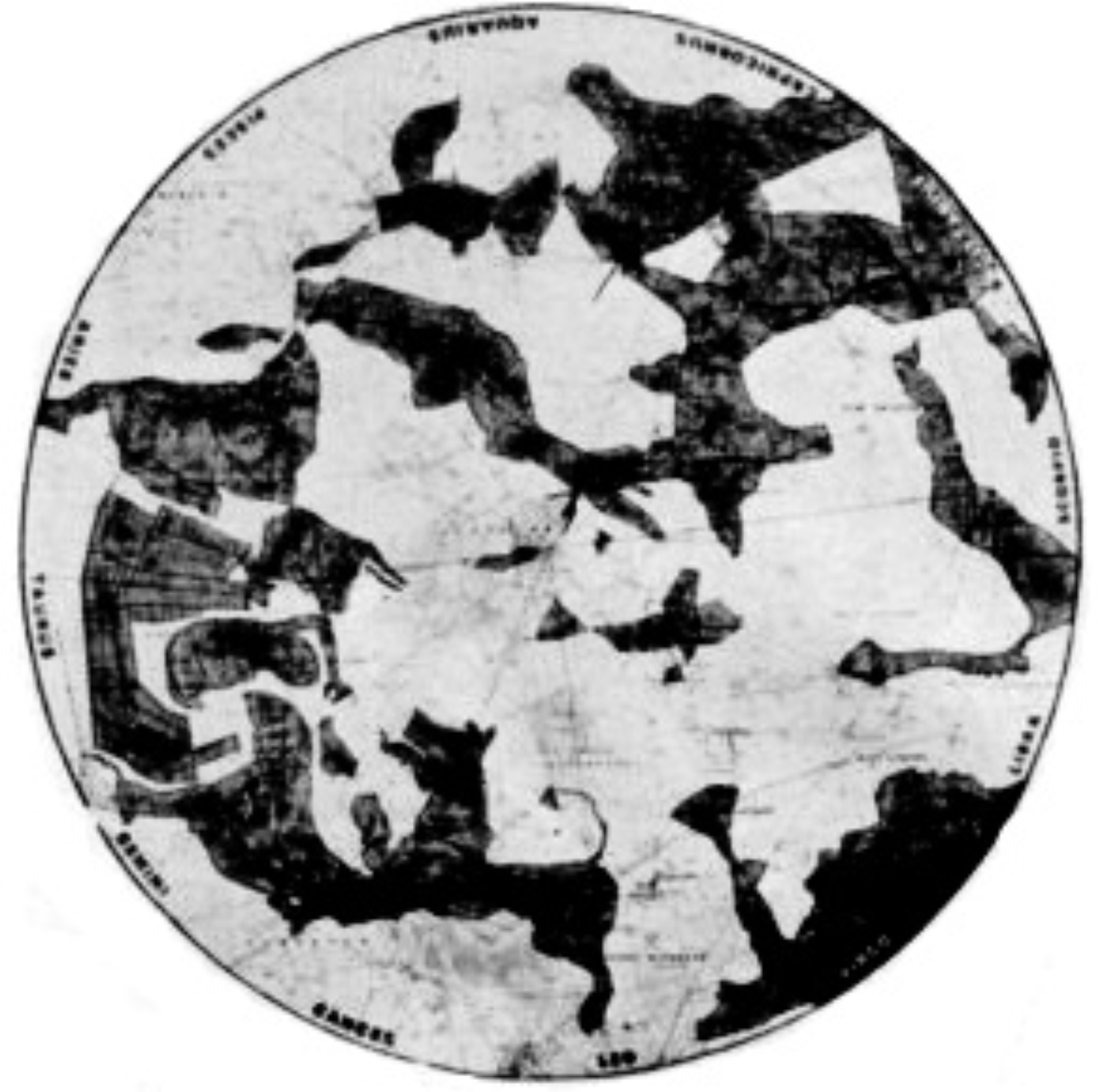 A map of Glastonbury with the Zodiac earth effigies superimposed above
