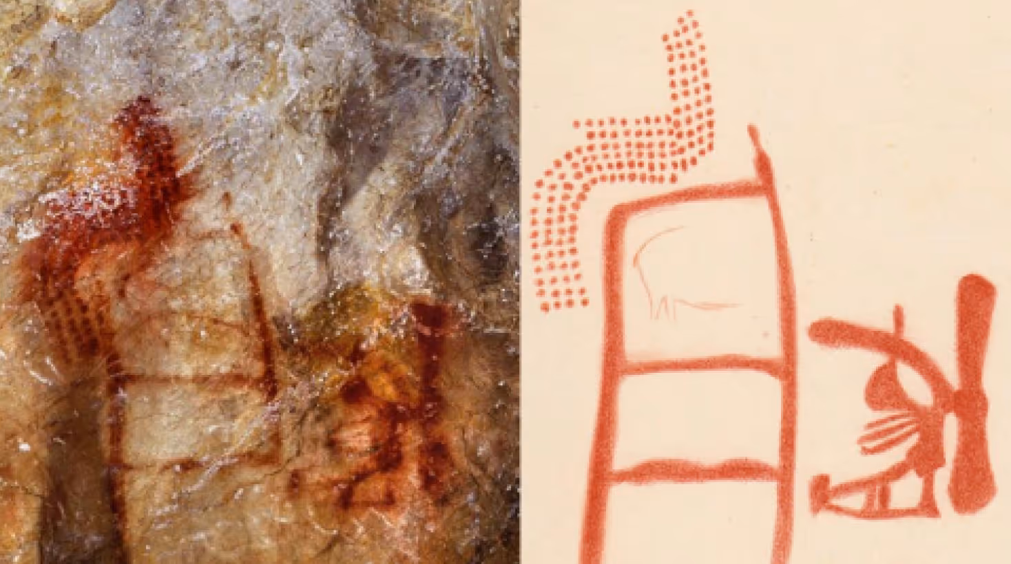 A close-up photo and drawing of the panel with the ladder-motif. Later artists added the cascading dots, the enigmatic symbol to the right, and...
