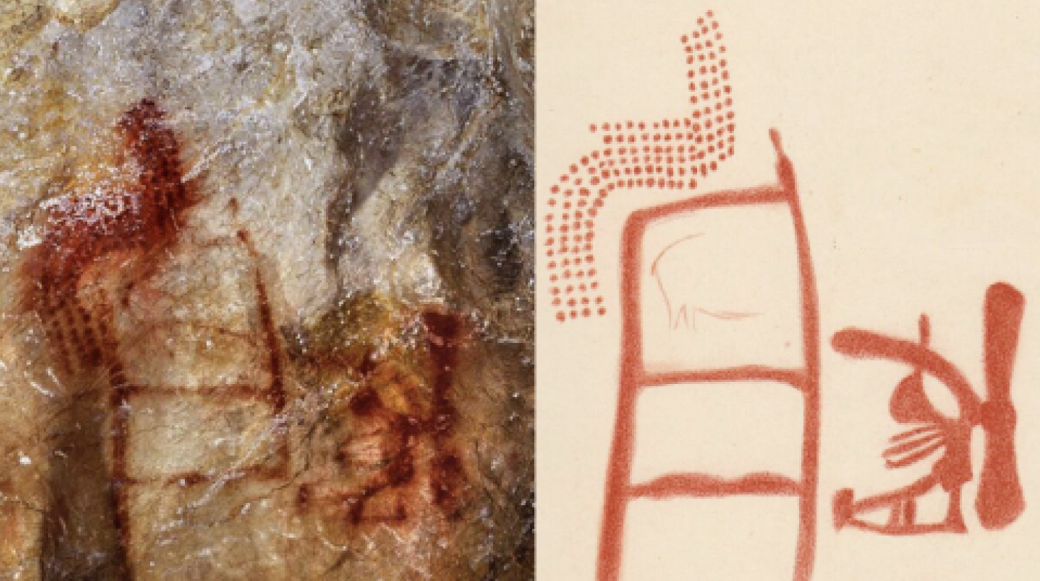 A close-up photo and drawing of the panel with the ladder-motif. Later artists added the cascading dots, the enigmatic symbol to the right, and...