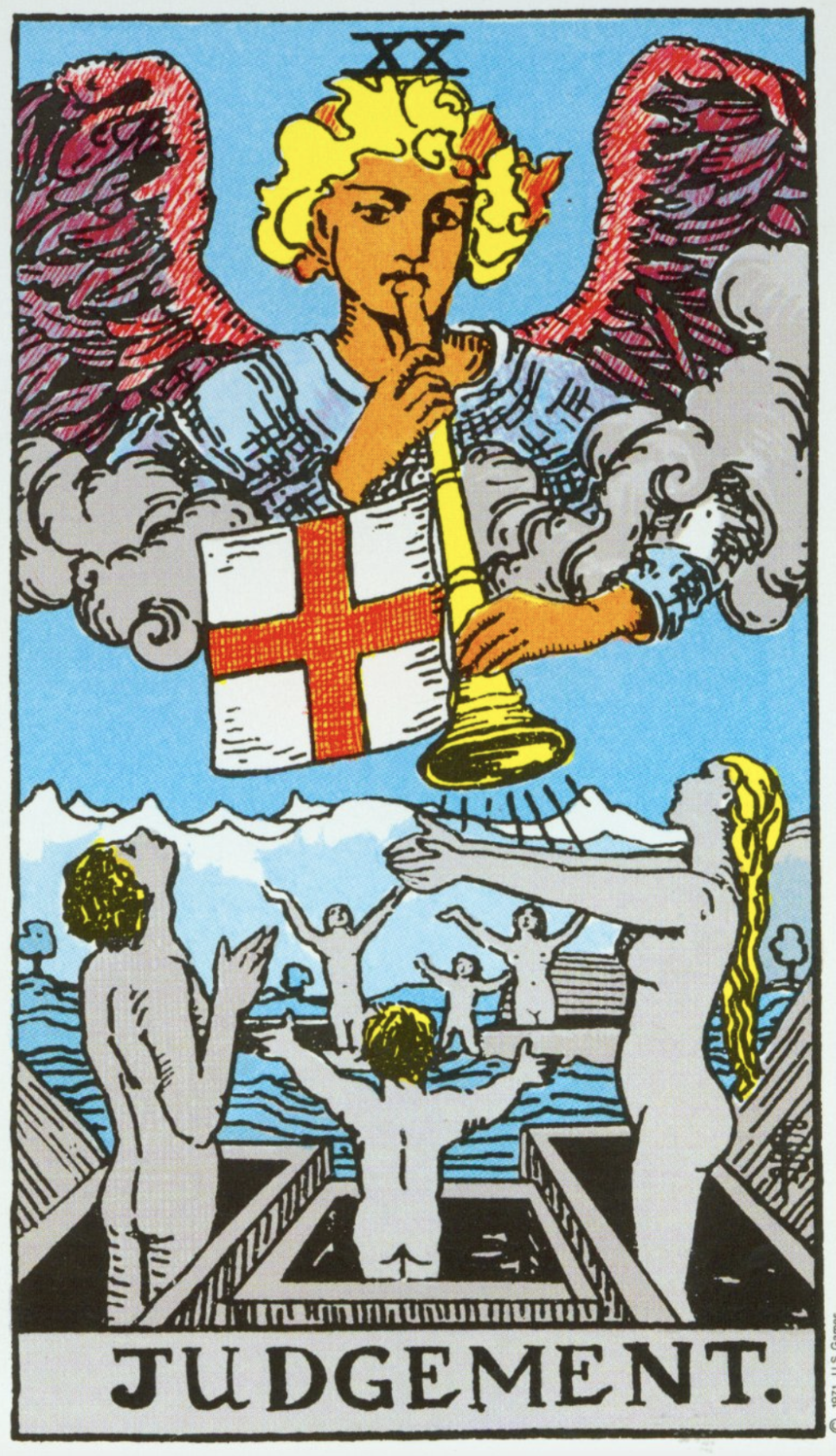 Judgement tarot card from the Rider deck, showing an angel rising from clouds with fiery hair, blowing a trumpet as the dead rise from caskets in the water