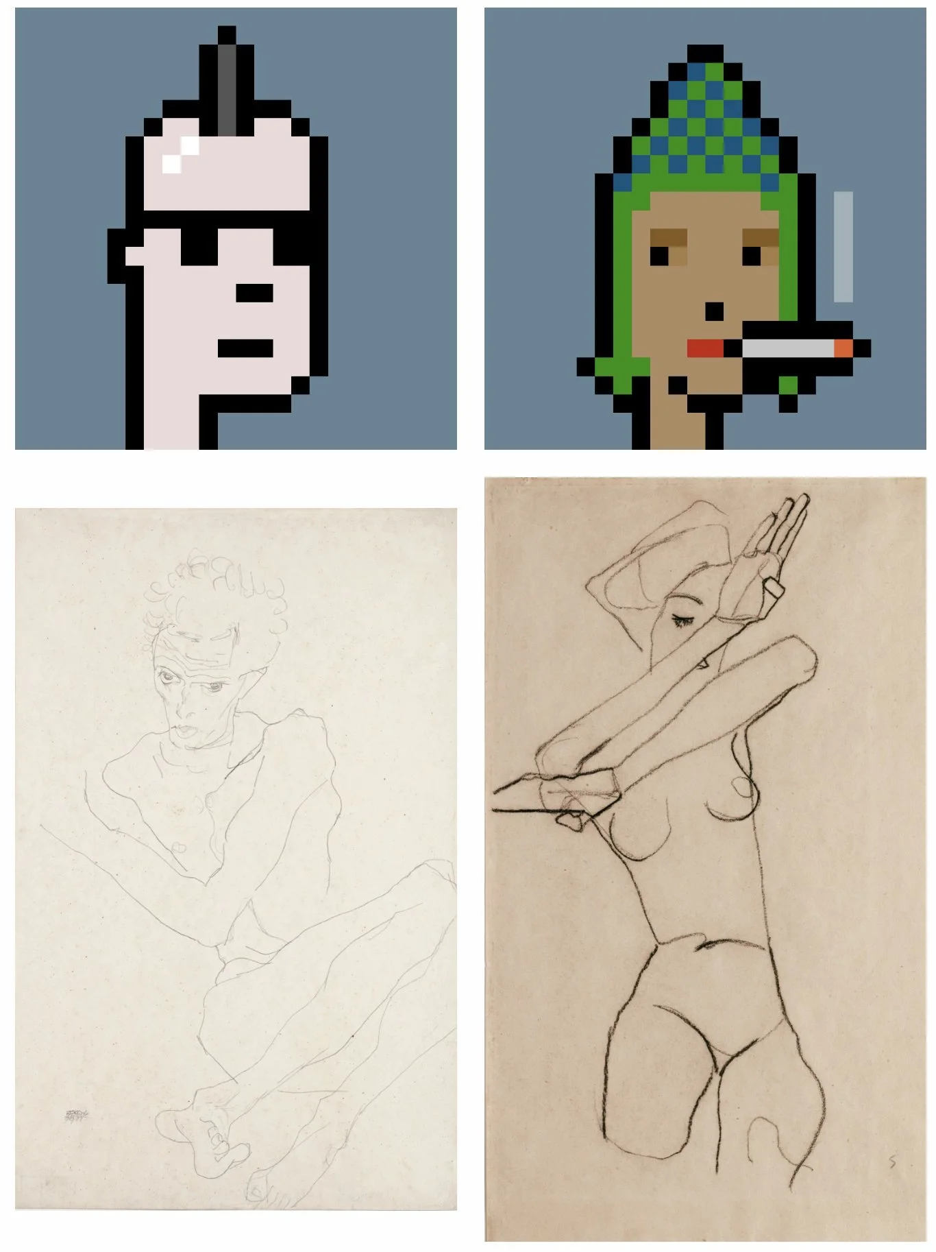 Crypto Punks from higallery’s collection, paired with Egon Schiele sketches, c.1912